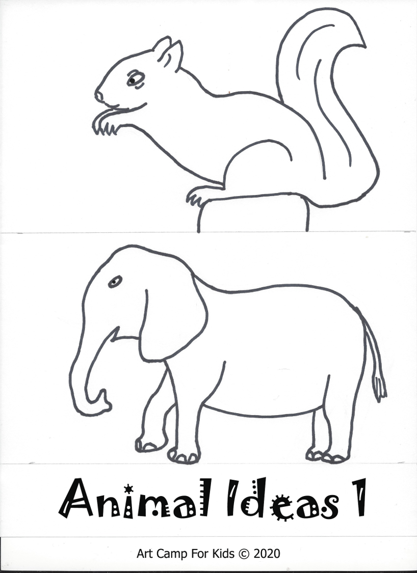 Contour drawing of a squirrel and an elephant