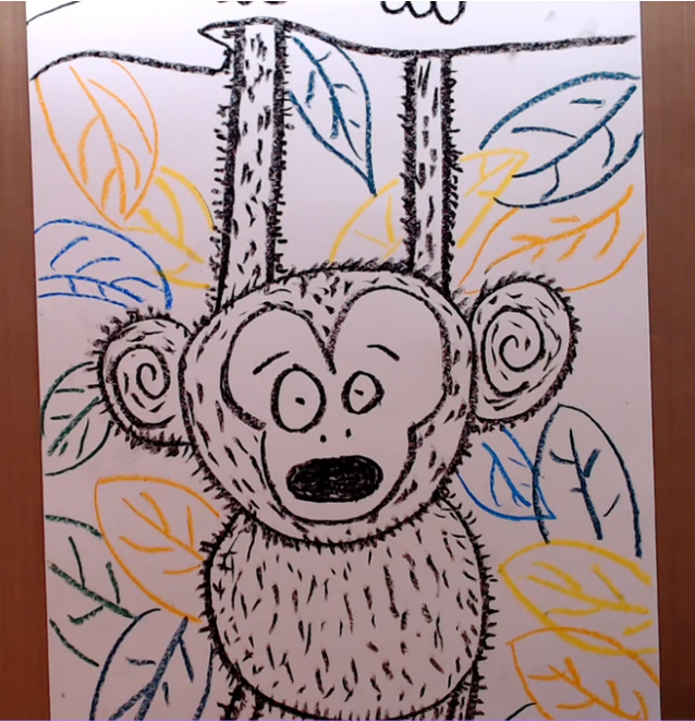 Drawn monkey on a limb with texture and leaf background