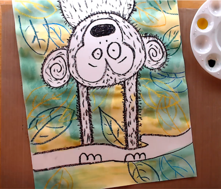 drawn monkey with painted background